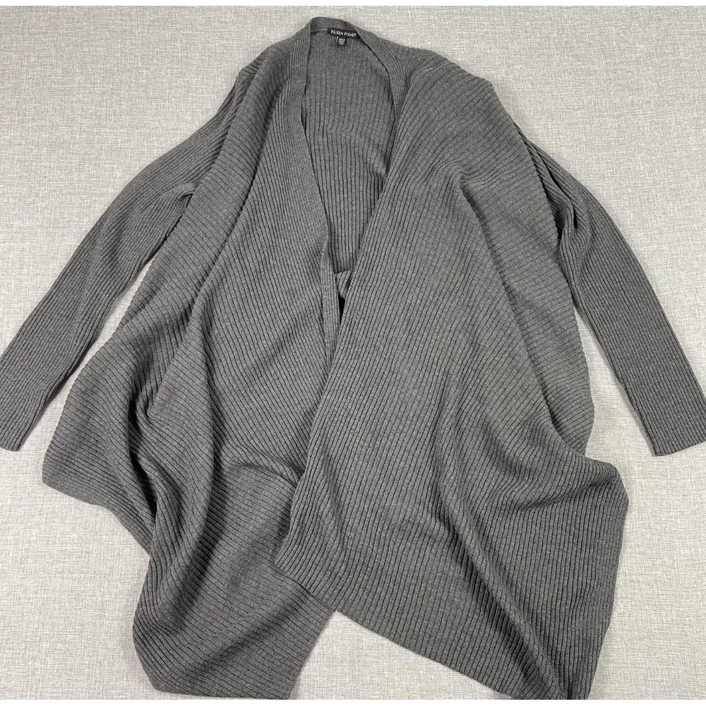 Eileen Fisher Cardigan Sweater Womens Small Gray Ribbed Open Frontβ Knit Italian